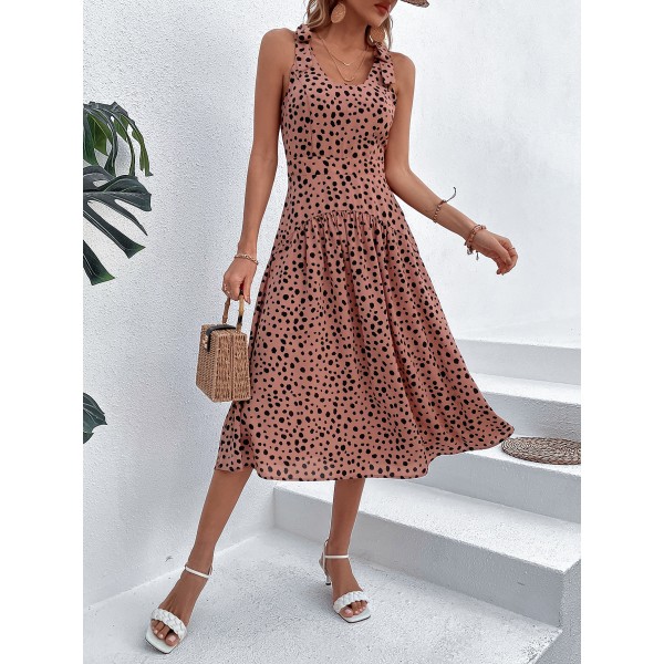 Summer Square Neck Sleeveless Waist Polka Dot Dress Long