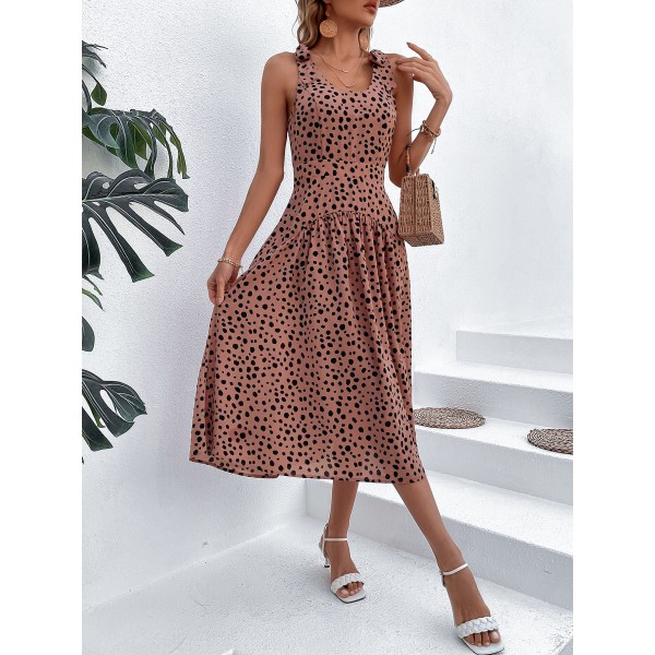 Summer Square Neck Sleeveless Waist Polk...