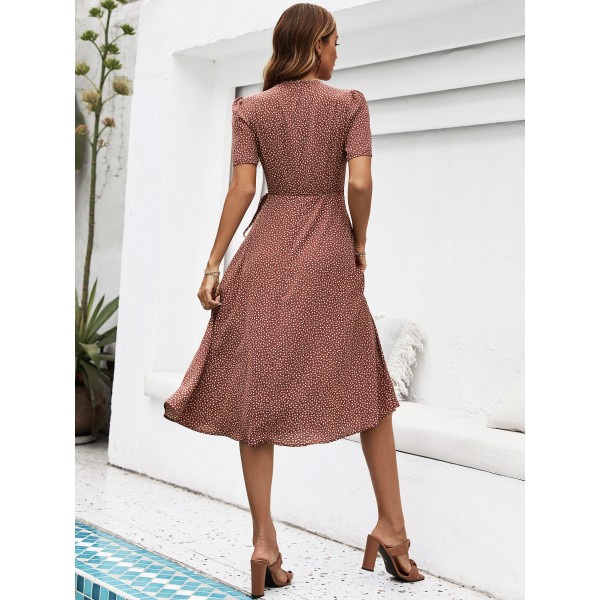 Square Neck Short Sleeve Waist Polka Dot Dress Long