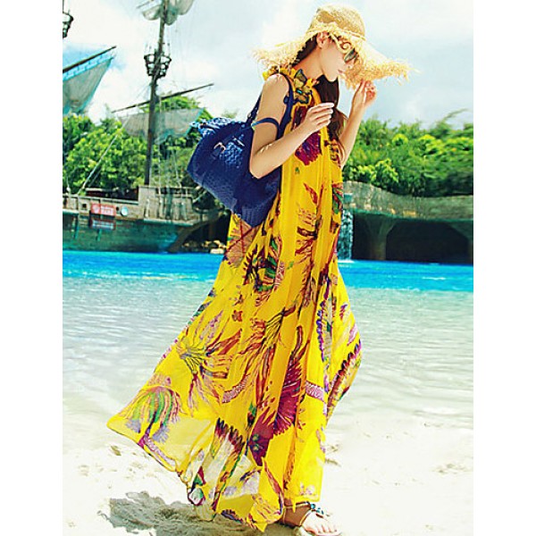 Beach Swing Dress Print Maxi Sleeveless Yellow Summer Inelastic Thin