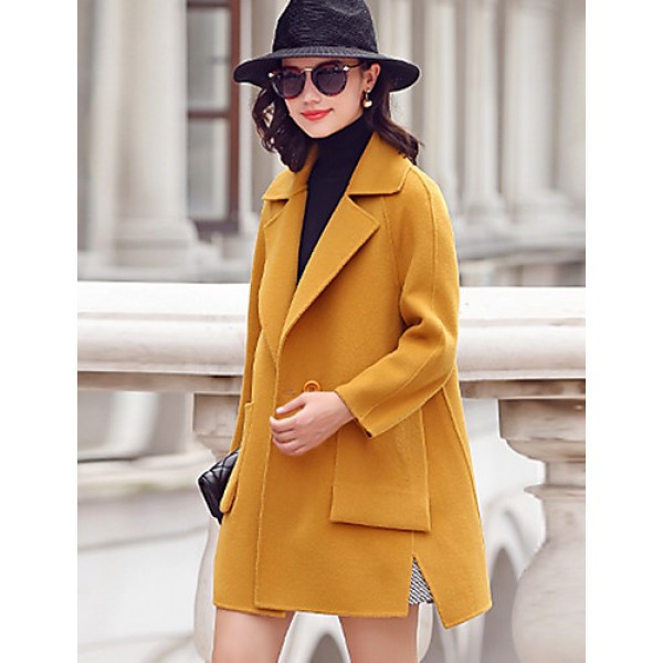 Women's Going out Street chic CoatSolid Notch Lapel Long Sleeve Fall / Winter Blue / Yellow Wool / Polyester Thick