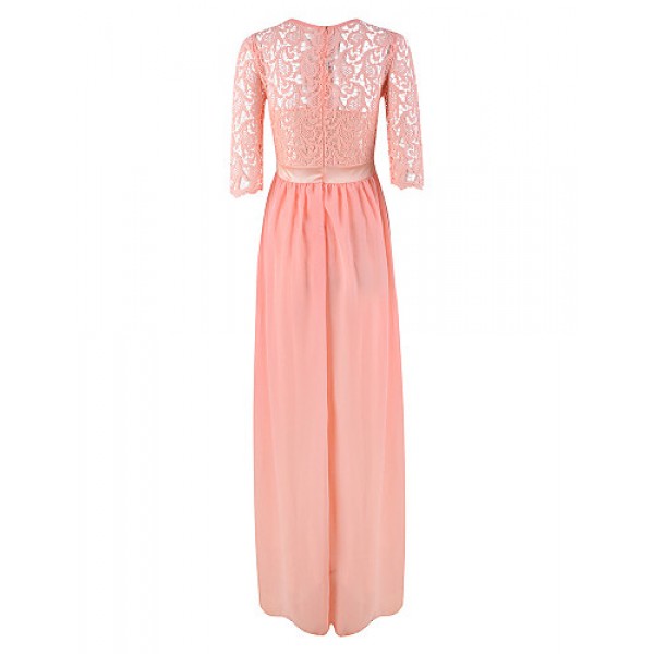 Women's Sexy Patchwork Swing Dress,Round Neck Maxi Polyester Lace Randomly