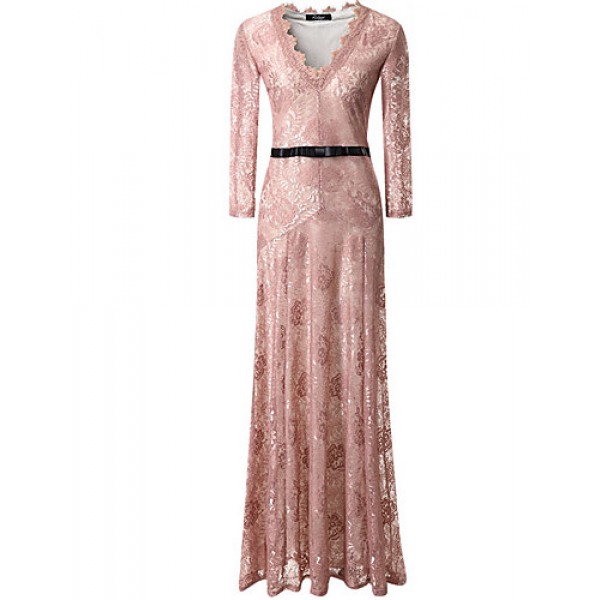 Women's Party/Cocktail Swing Dress,Solid V Neck Maxi Long Sleeve Pink / White / Black Fall